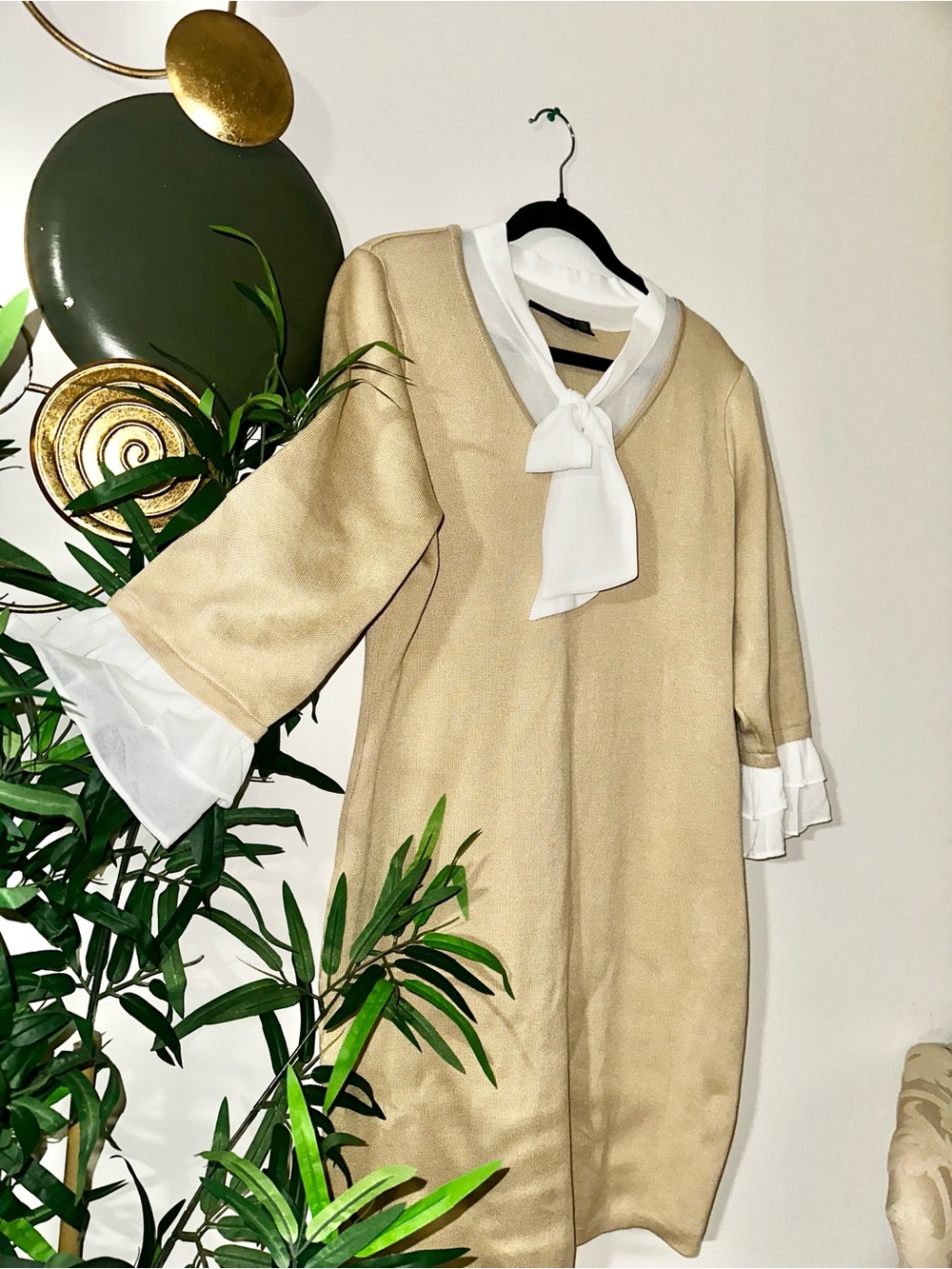 Beige Shift Dress with White Tie Neck and Ruffle Cuffs